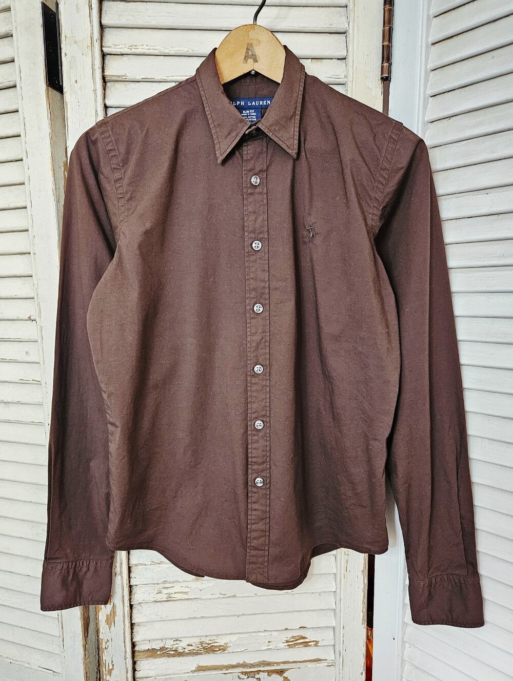 Ralph Lauren Chocolate Brown Slim Fit Button Up With Embroidered Crest Size 6
